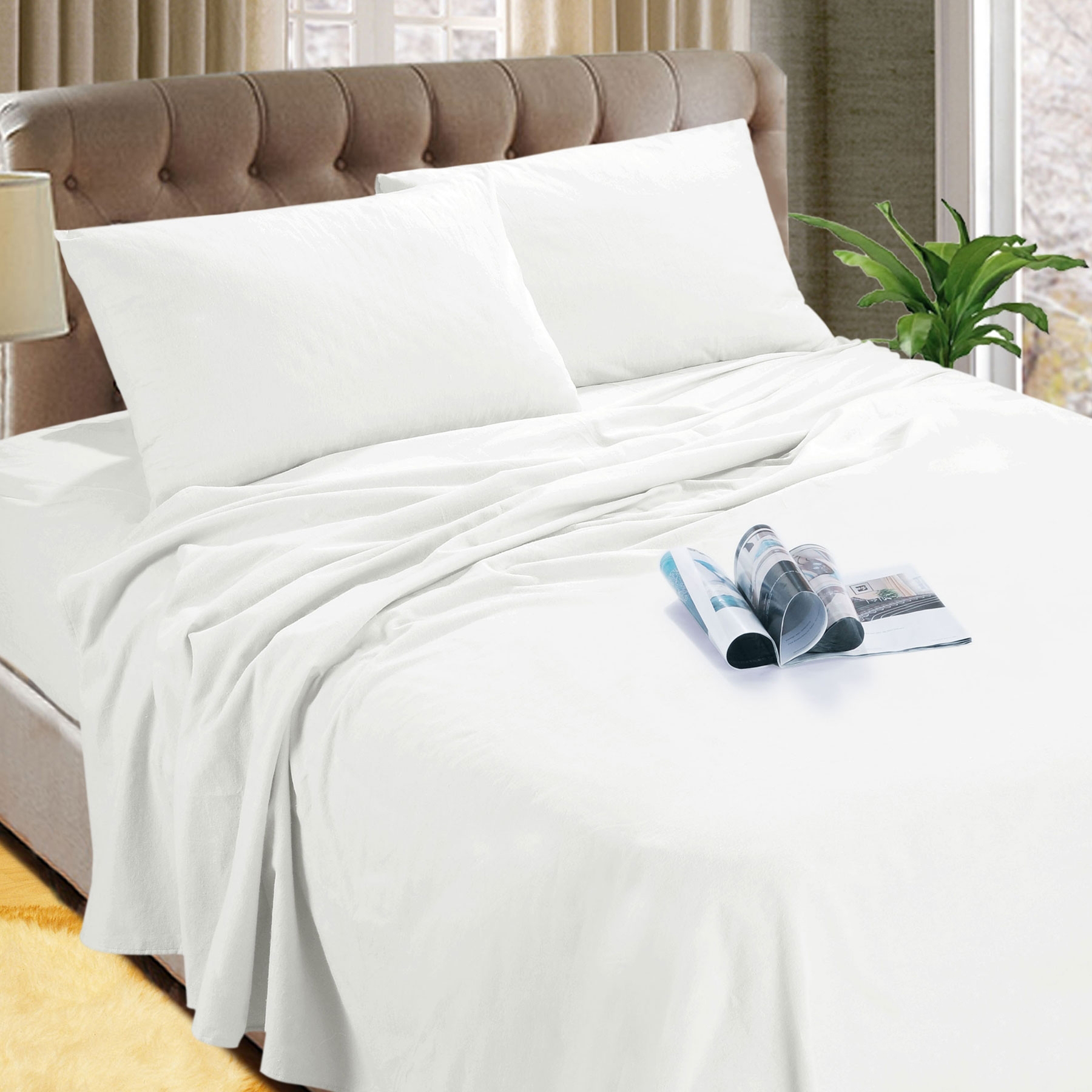 V442-KIT-SHEETS-MF2019-WHITE-QS-158673-00 Kingtex Micro Flannelette Sheet Set 40 cm Wall White Queen - Image 1