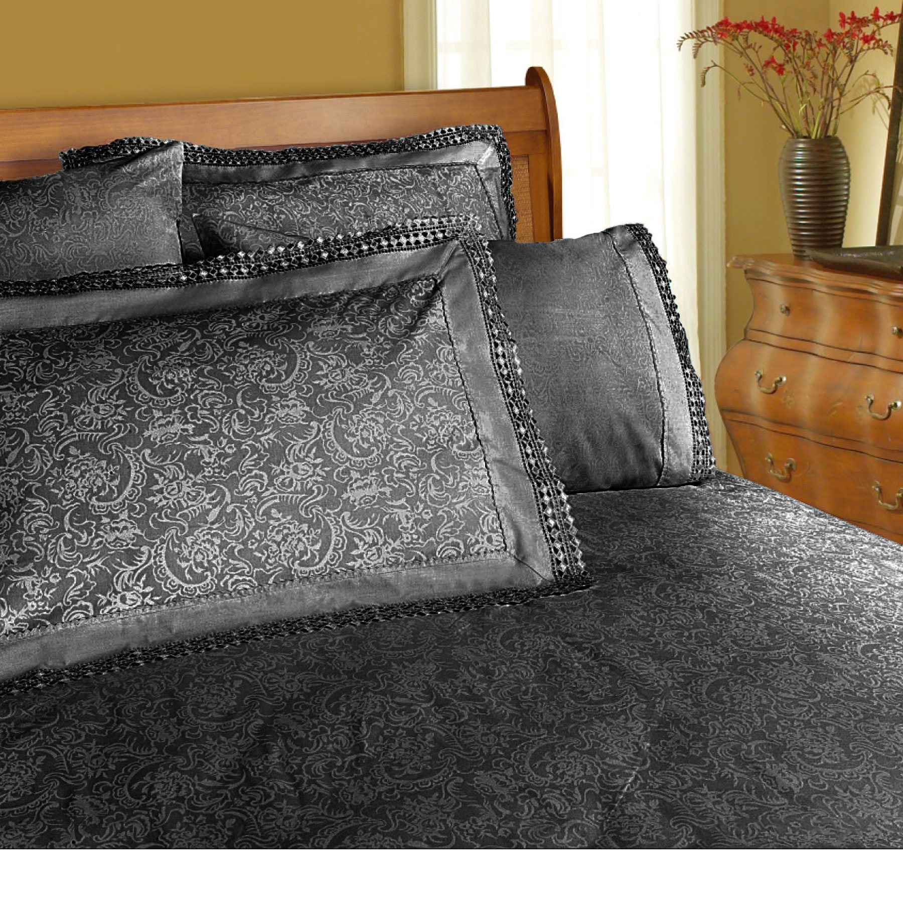 V442-KIT-SHEETS-MICROFIBREMACHINELACE-CHARCOAL-QS-158566-00 Shangri La Microfibre Machine Lace Sheet Set Charcoal Queen - Image 1