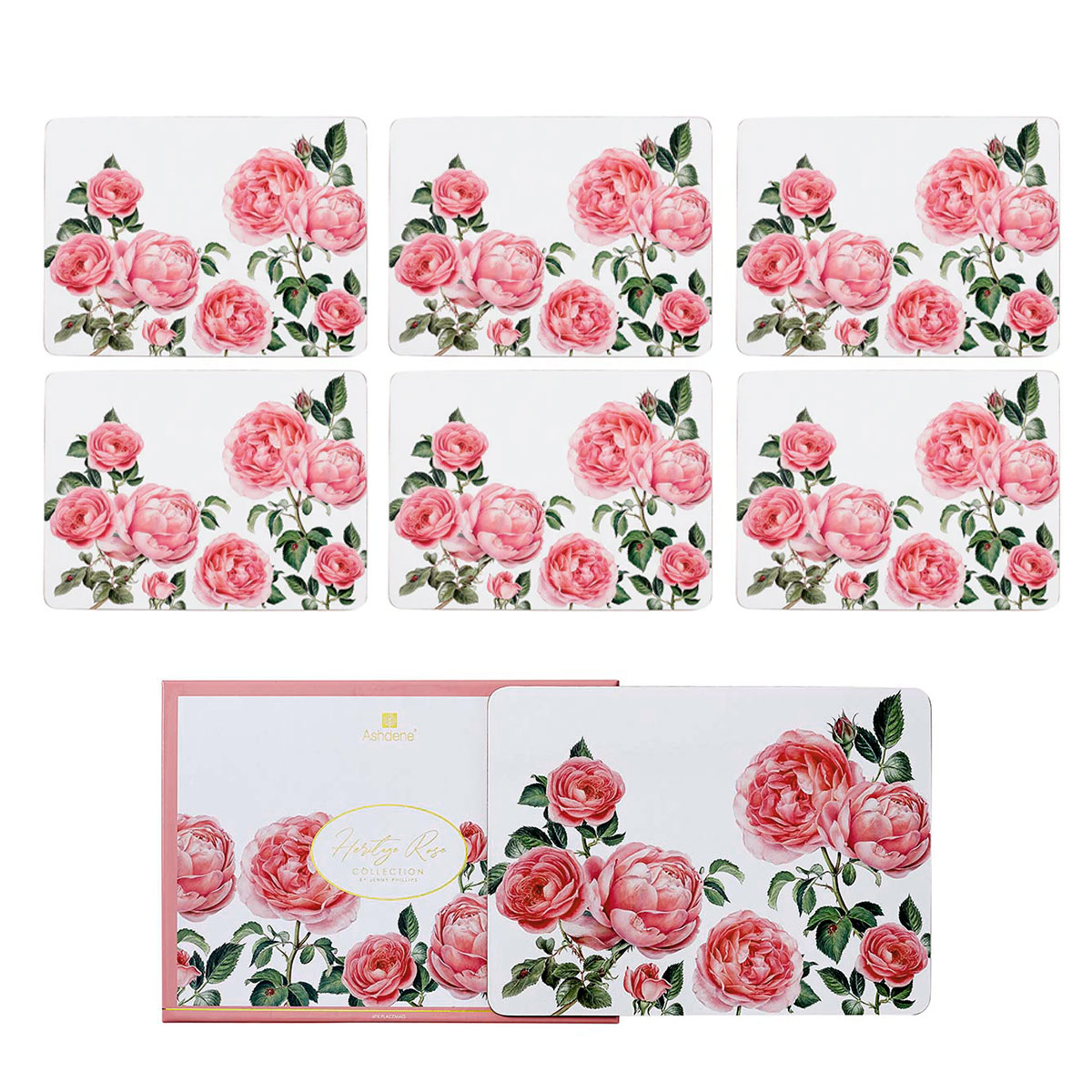 V442-LDE-TABLEPLACEMAT-HERITAGEROSE-PINK-RE-199957-00 Ashdene Set of 6 Heritage Rose Table Placemats 29x21x0.4 cm - Image 1