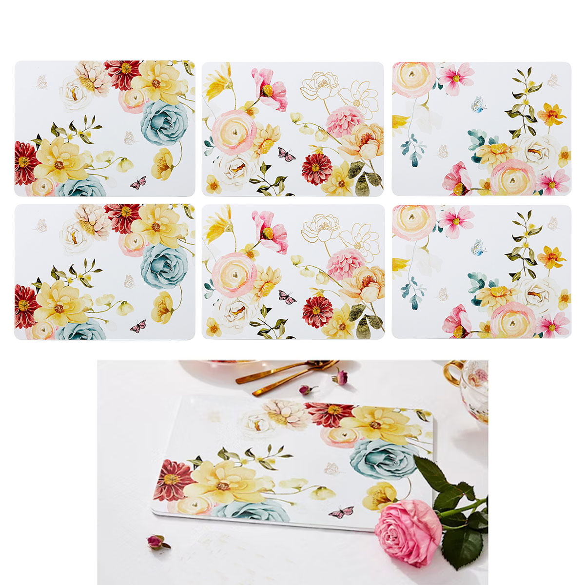 V442-LDE-TABLEPLACEMAT-SPRINGTIMESOI-MULTI-RE-199956-00 Ashdene Set of 6 Springtime Soiree Table Placemats 29x21x0.4 cm - Image 1