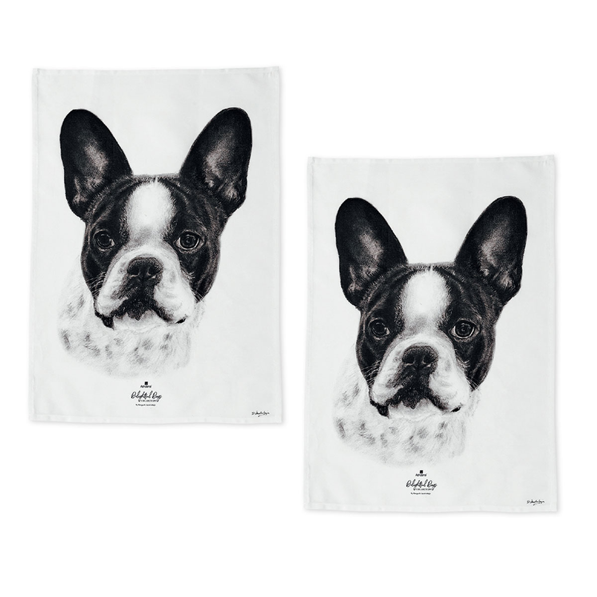 V442-LDE-TEAT-FRENCHBULLDOGSETOF2-WHITE-RE-77676-00 Set of 2 Delightful Dogs Cotton Kitchen Tea Towels 50 x 70 cm French Bulldog - Image 1