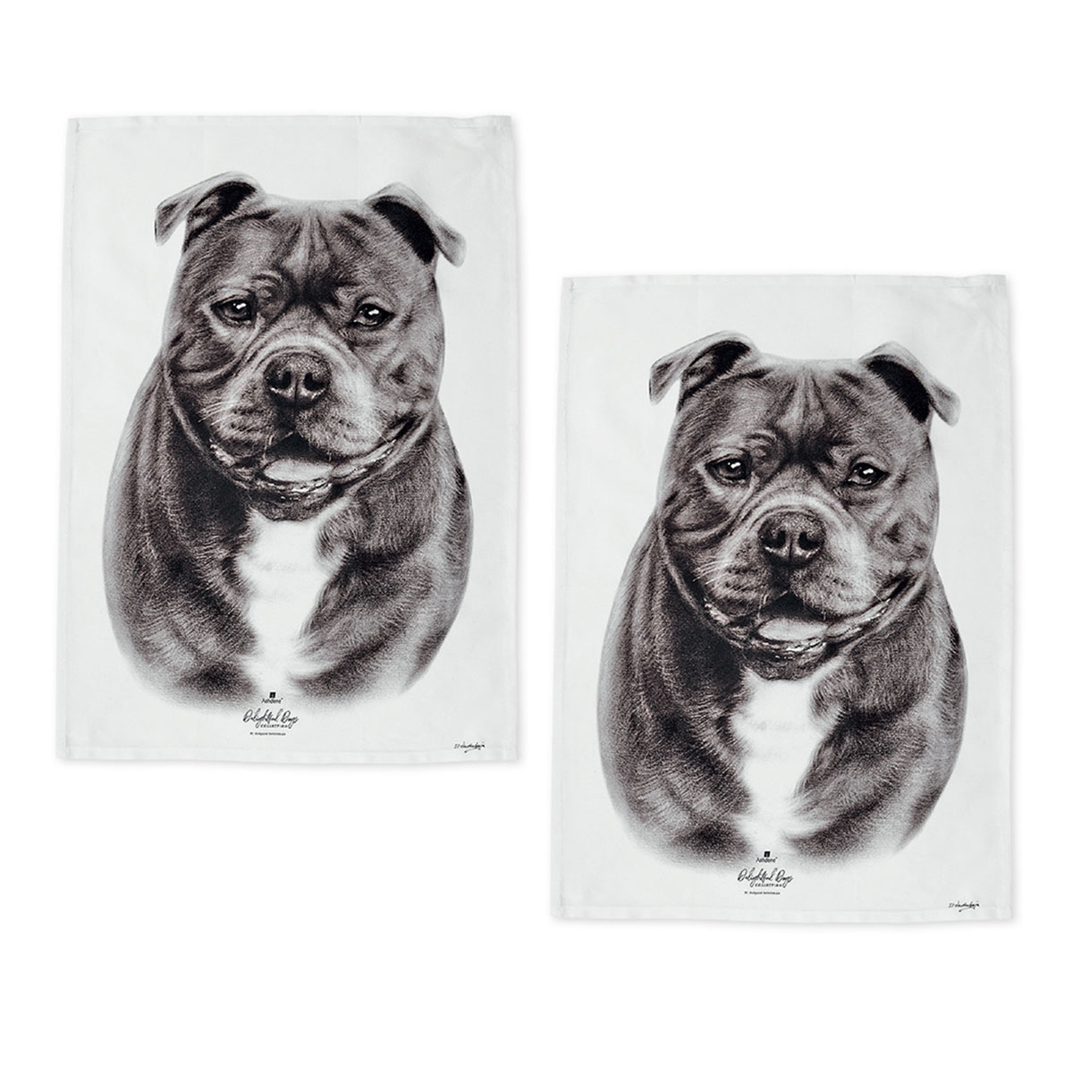 V442-LDE-TEAT-STAFFYTERRIERSETOF2-WHITE-RE-77674-00 Set of 2 Delightful Dogs Cotton Kitchen Tea Towels 50 x 70 cm Staffy Terrier - Image 1