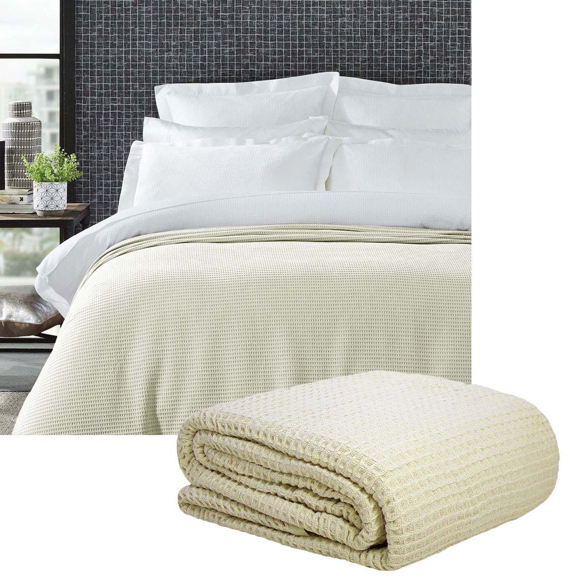 V442-STT-BLANKET-25COTTONWAFFLE-CREAM-QS-202503241612-00 Living @ Home 350gsm 100% Cotton Breathable Waffle Blanket Queen 240 x 255 cm Cream - Image 1
