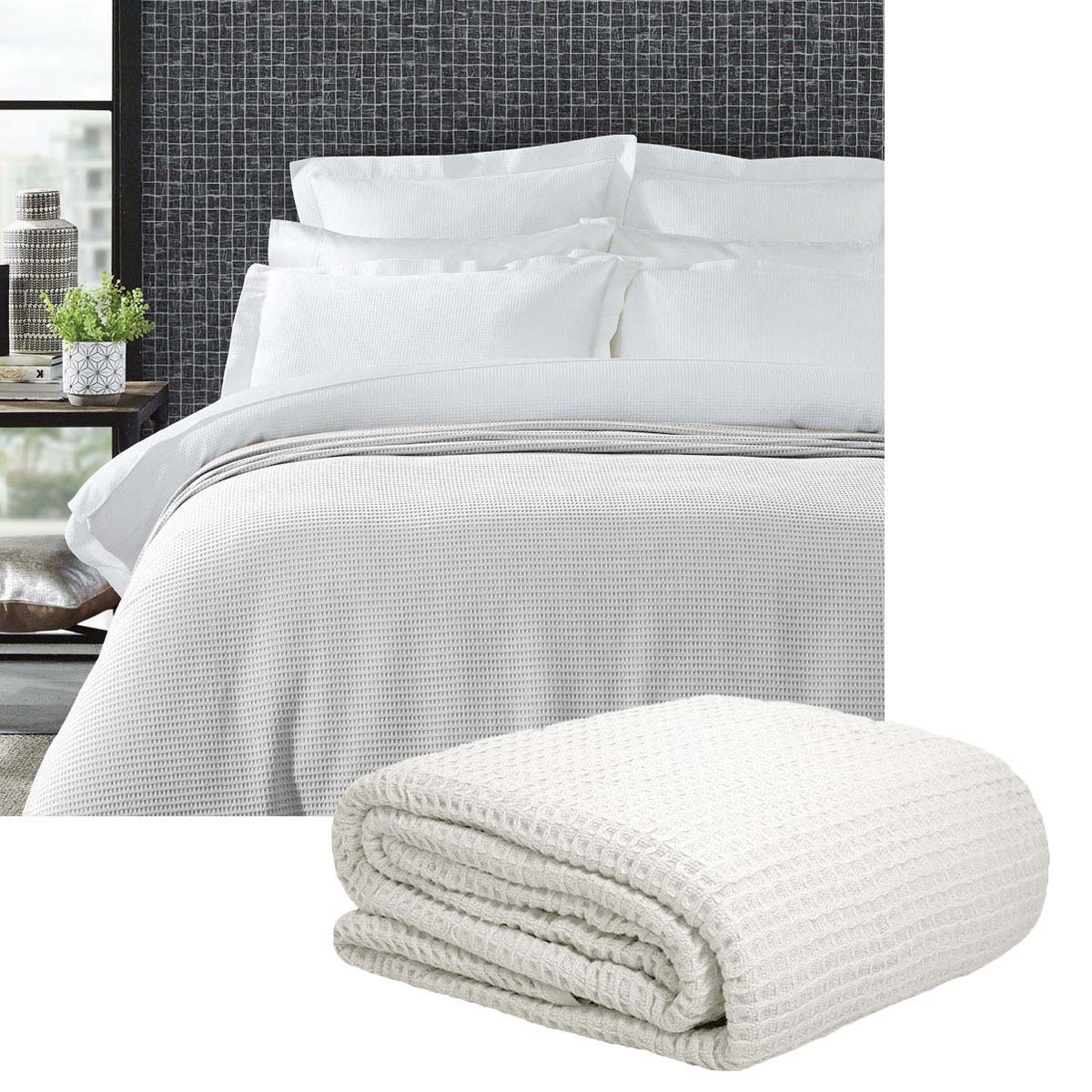 V442-STT-BLANKET-25COTTONWAFFLE-WHITE-QS-202503241611-00 Living @ Home 350gsm 100% Cotton Breathable Waffle Blanket Queen 240 x 255 cm White - Image 1