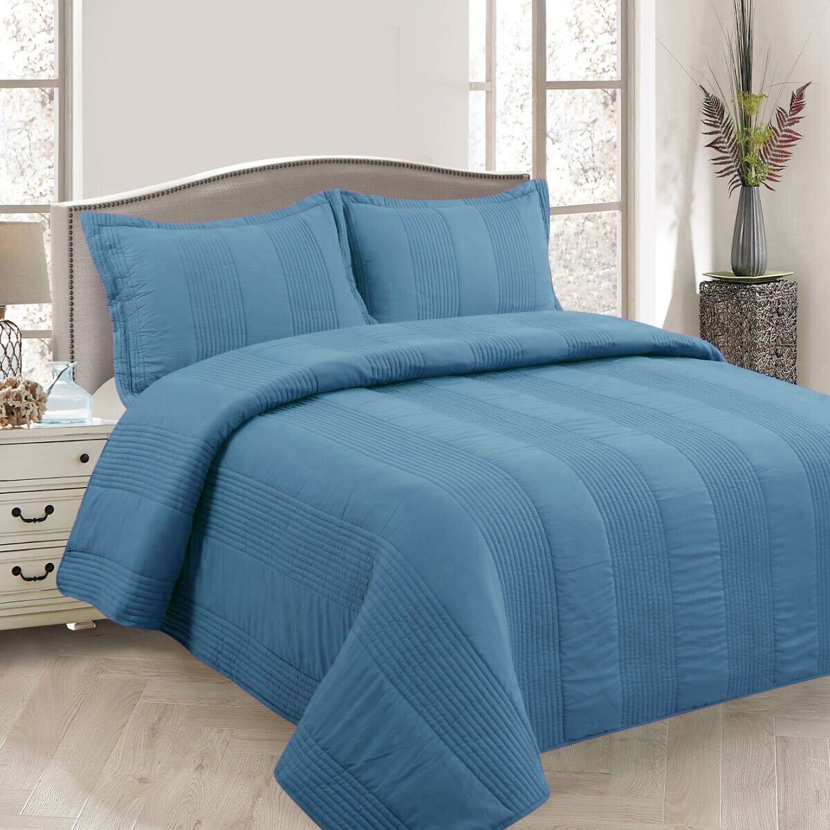 V442-STT-COVERLET-LEWIS-BLUE-QS-209142-00 Lewis Blue 3 Pce Lightly Quilted Polyester Cotton Coverlet Set Queen - Image 1