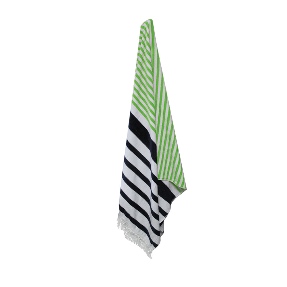 V442-WAM-TOWEL-RAINBOWSTRIPED-GREEN-RE-204812-00 Onkaparinga Rainbow Striped Fringe Cotton Beach Towel Green/Navy - Image 1