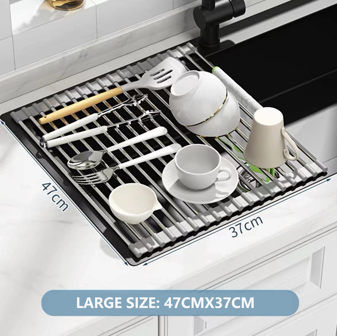 V462-HG-166-03-115093-00 Kitchen Roll-Up Dish Drying Rack Foldable Drainer Over Sink 304-Stainless Steel(Large:47*37cm) - Image 1