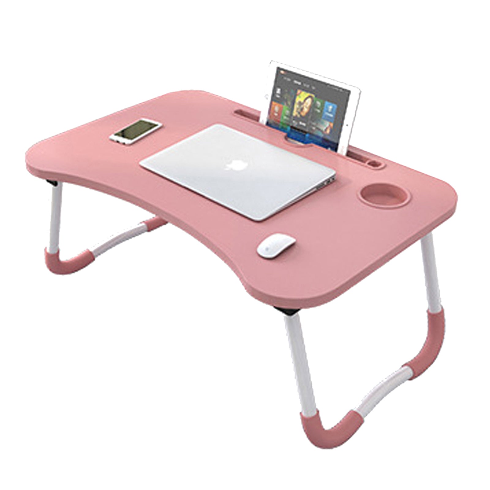 V462-HG-82-02-139642-00 Foldable Desk Laptop Stand Table Bed Computer Study Adjustable Portable Cup Slot(Pink) - Image 1