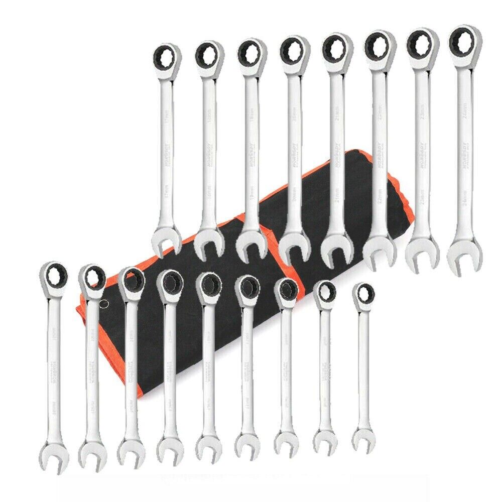 V465-16035158-85725-00 17Pc Ratchet Spanner Set Metric Combination Wrenches Open End Ring CR-V 8-24mm - Image 1