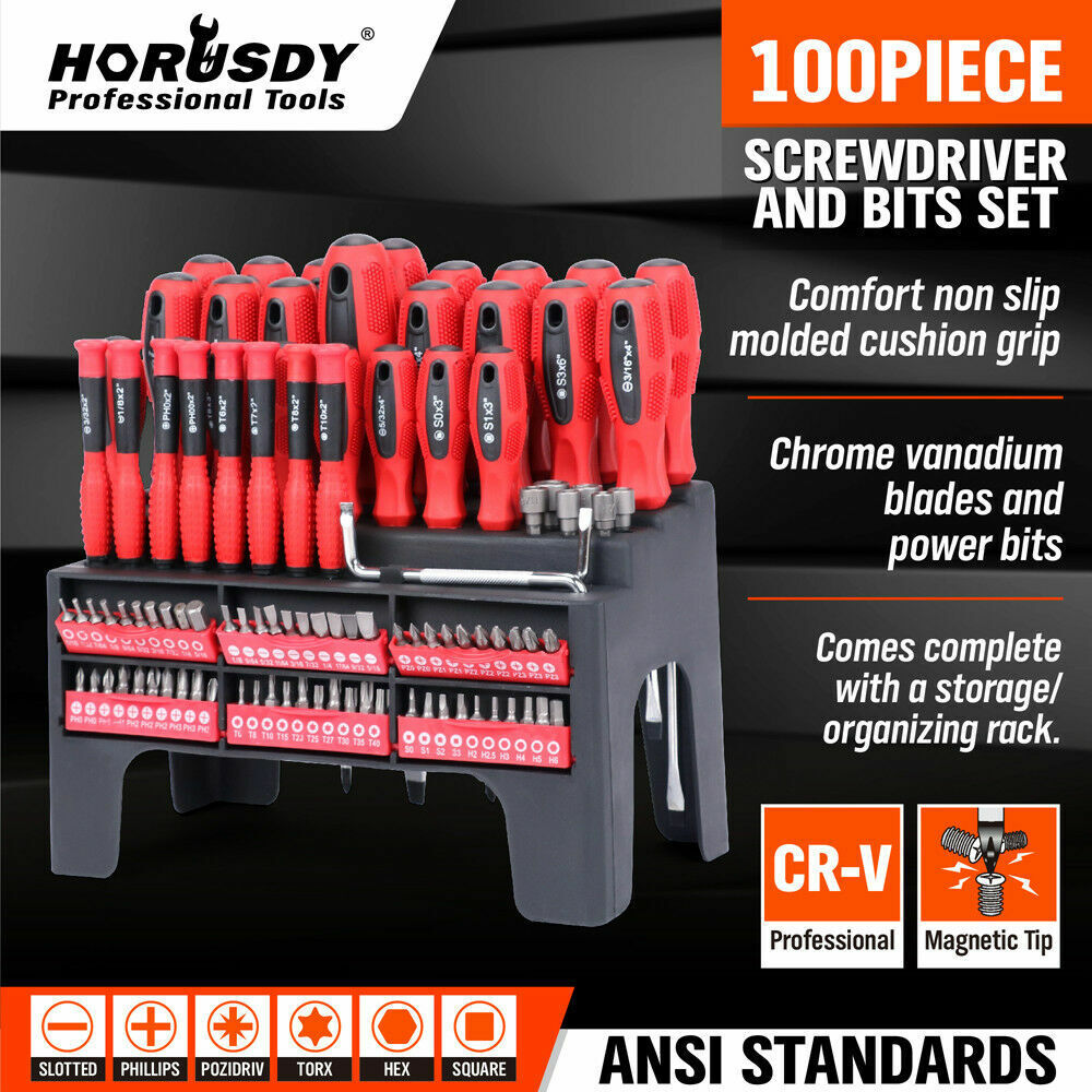 V465-96026-AU-2-85334-00 100Pc Screwdriver Set Ratchet Handle Socket Slot Pozi Hex Star Square Bits Rack - Image 1