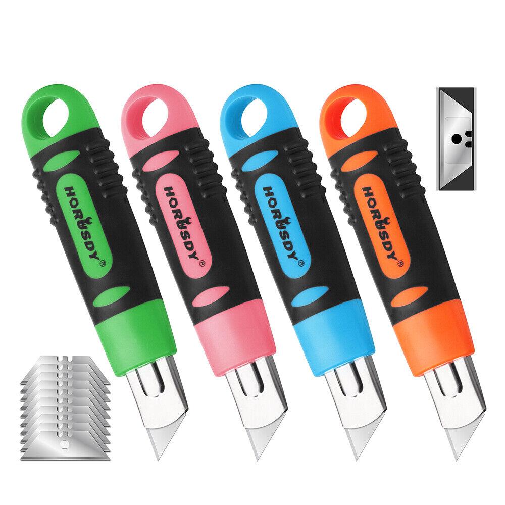 V465-SDY-97910-85350-00 4Pc Box Cutter Snap Off Utility Knife Retractable Grip Handle 10x Spare Blades - Image 1