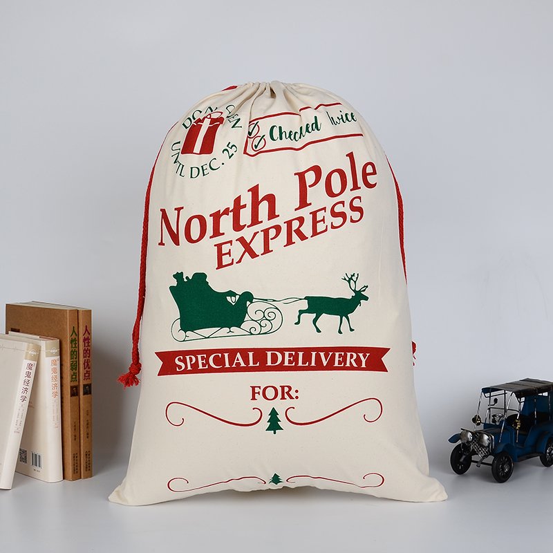 V474-16774-102402-00 Large Christmas XMAS Hessian Santa Sack Stocking Bag Reindeer Children Gifts Bag, Cream - North Pole Express - Image 1