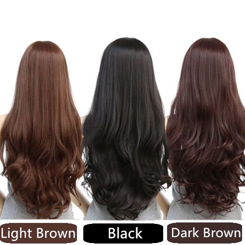 V474-205990-103358-00 Long Wavy Curly Full Hair Wigs w Side Bangs Cosplay Costume Fancy Anime Womens, Light Brown - Image 1