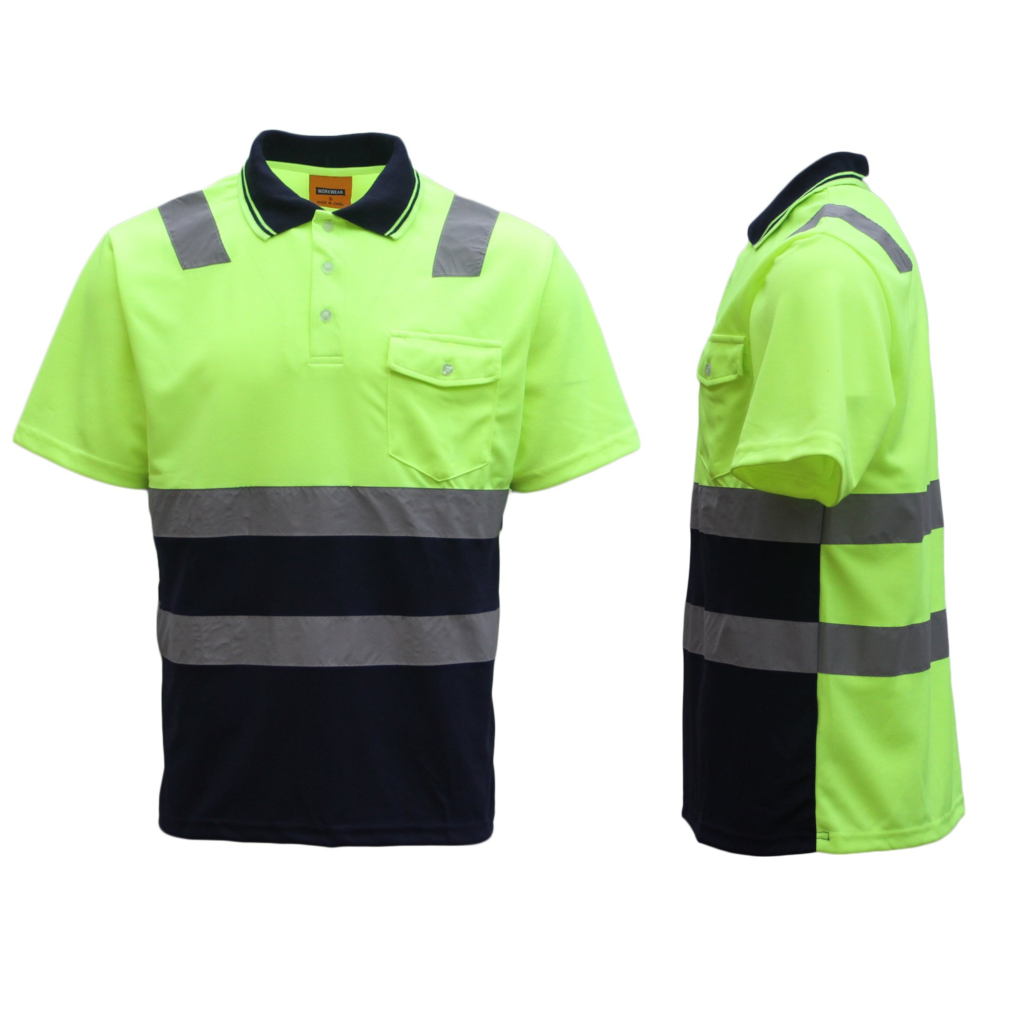 V474-212971-103379-00 HI VIS Short Sleeve Workwear Shirt w Reflective Tape Cool Dry Safety Polo 2 Tone, Fluoro Yellow / Navy, M - Image 1