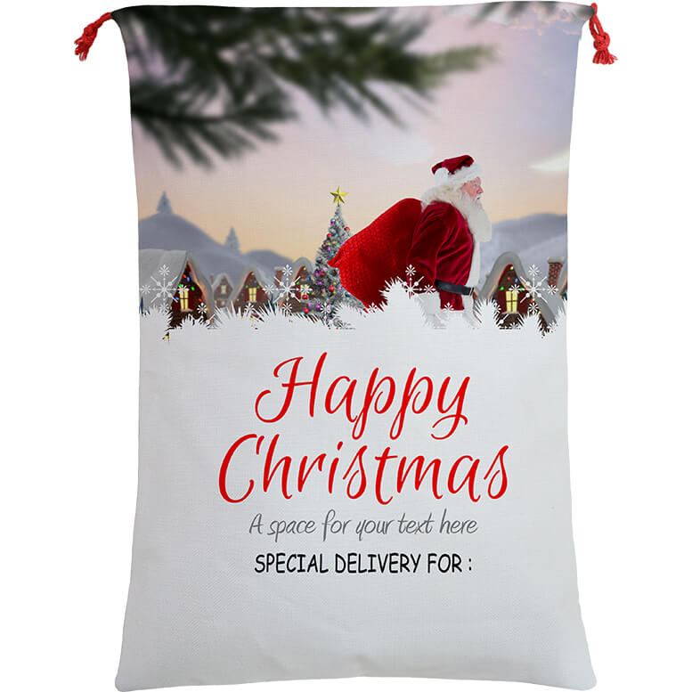 V474-462265-101309-00 50x70cm Canvas Hessian Christmas Santa Sack Xmas Stocking Reindeer Kids Gift Bag, Santa On The Way - Image 1