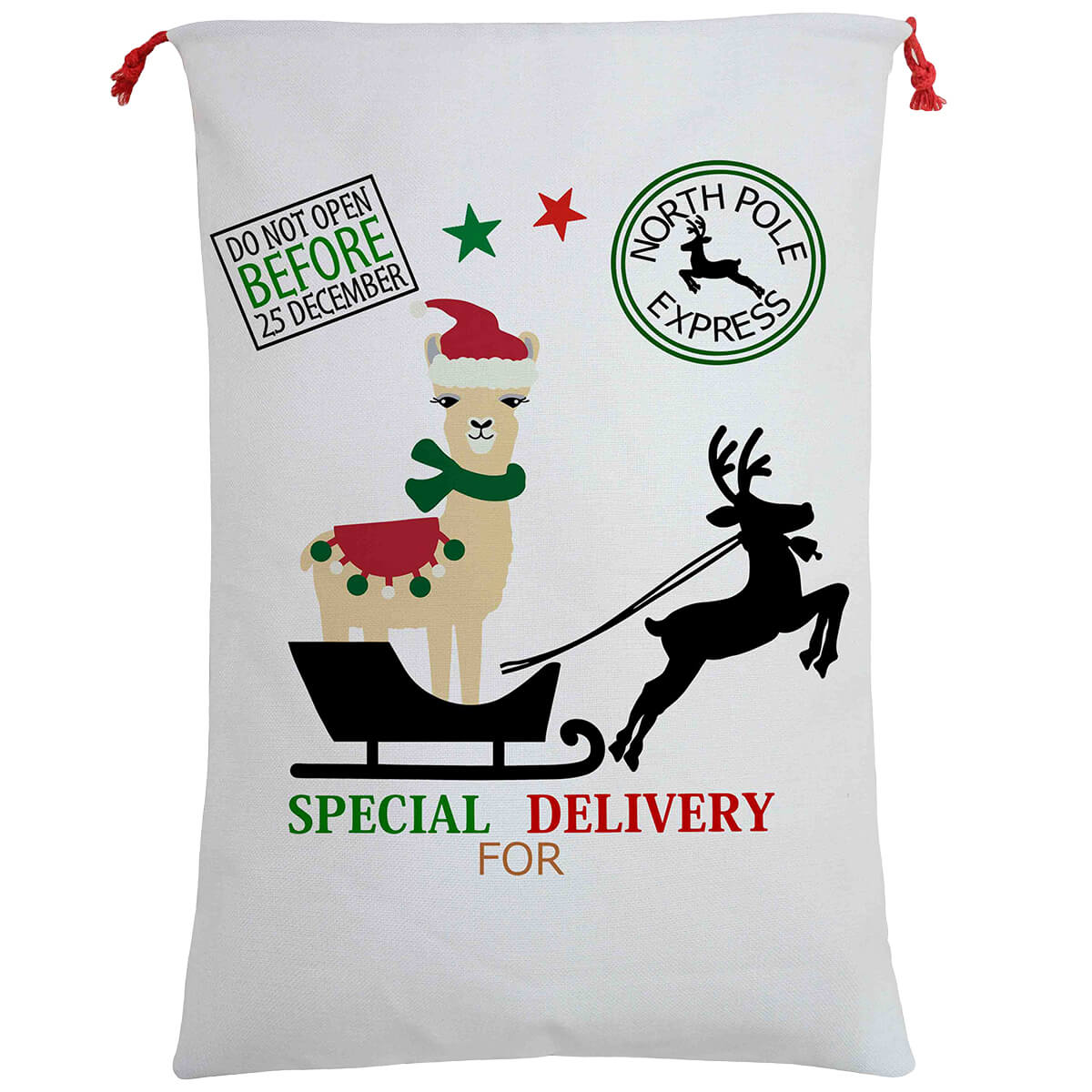 V474-462327-102667-00 Large Christmas XMAS Hessian Santa Sack Stocking Bag Reindeer Children Gifts Bag, Special Delivery By Alpaca - Image 1