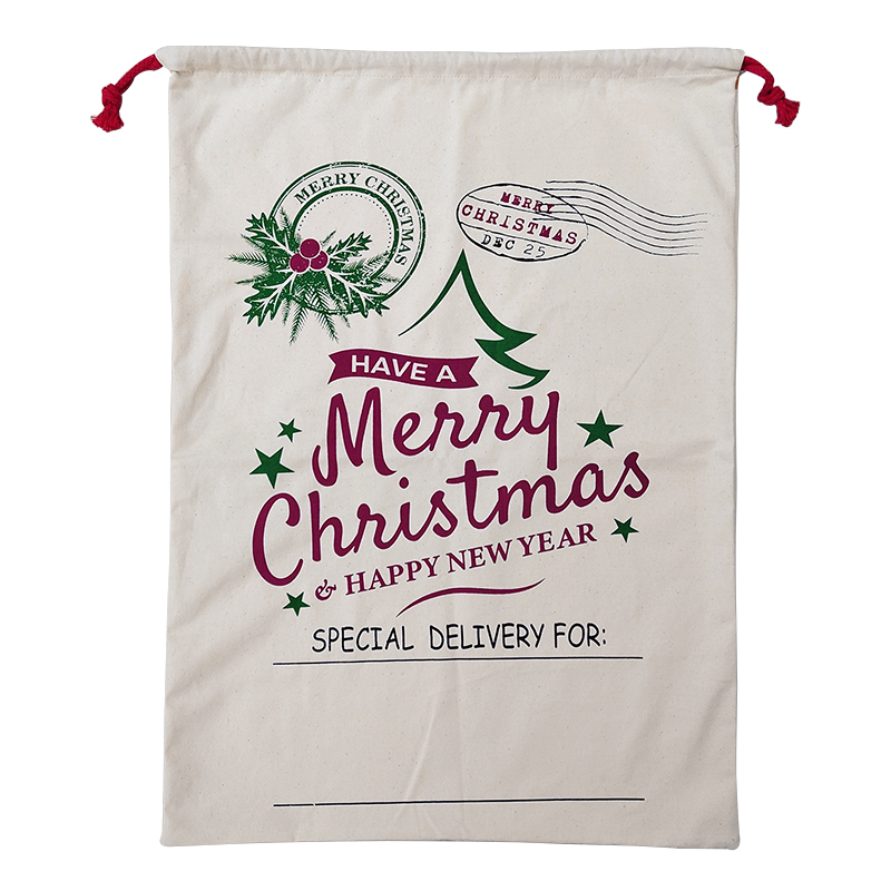 V474-546965-101418-00 50x70cm Canvas Hessian Christmas Santa Sack Xmas Stocking Reindeer Kids Gift Bag, Cream - Happy New Year - Image 1