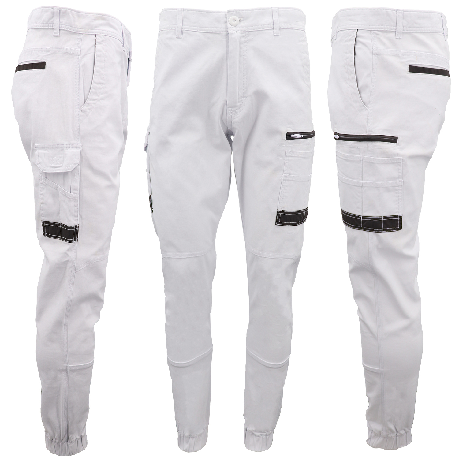 V474-578172-141567-00 Men's Cargo Cotton Drill Work Pants UPF 50+ 13 Pockets Tradies Workwear Trousers, White, 36 - Image 1