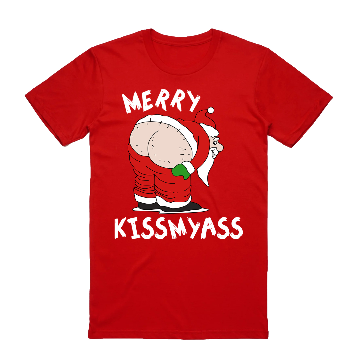 V474-626544-99420-00 100% Cotton Christmas T-shirt Adult Unisex Tee Tops Funny Santa Party Custume, Merry Kissmyass (Red), S - Image 1