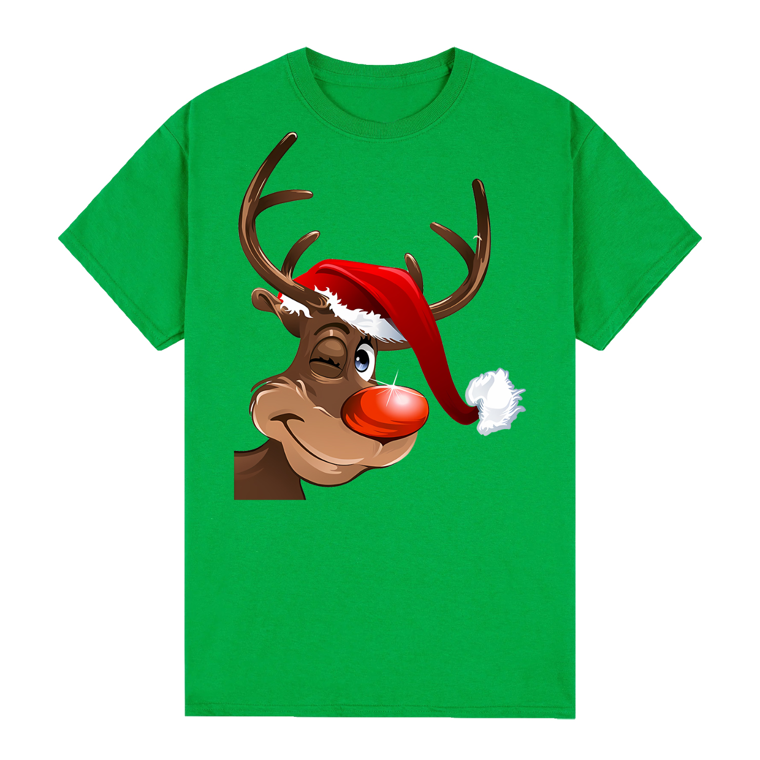 V474-626563-99447-00 100% Cotton Christmas T-shirt Adult Unisex Tee Tops Funny Santa Party Custume, Reindeer Wink (Green), M - Image 1