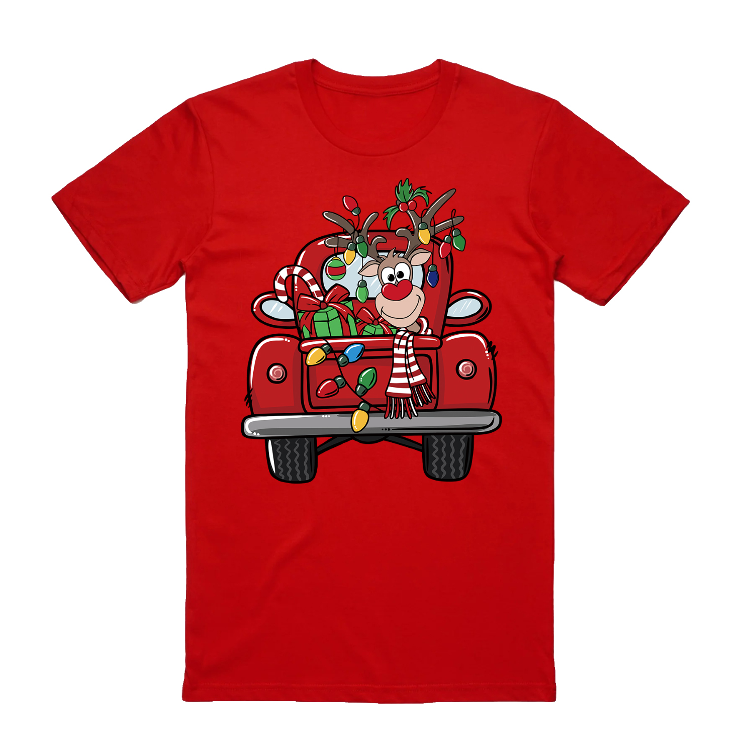 V474-626571-99720-00 100% Cotton Christmas T-shirt Adult Unisex Tee Tops Funny Santa Party Custume, Car with Reindeer (Red), XL - Image 1