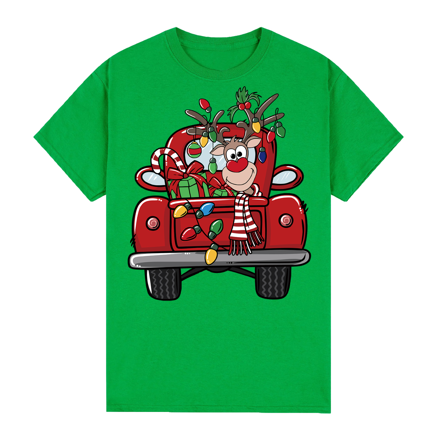 V474-626578-99742-00 100% Cotton Christmas T-shirt Adult Unisex Tee Tops Funny Santa Party Custume, Car with Reindeer (Green), 2XL - Image 1