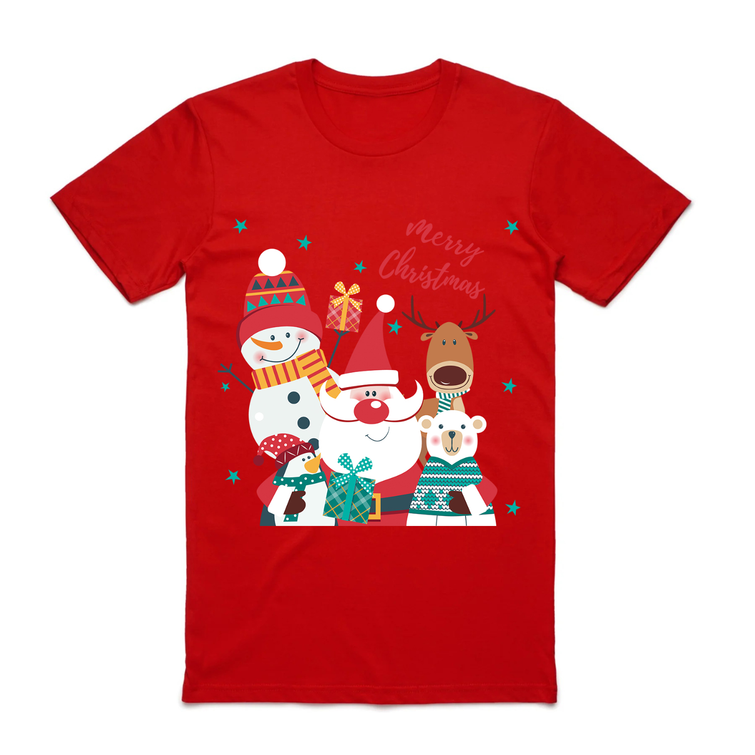 V474-626620-99885-00 100% Cotton Christmas T-shirt Adult Unisex Tee Tops Funny Santa Party Custume, Santa Gathering (Red), 2XL - Image 1