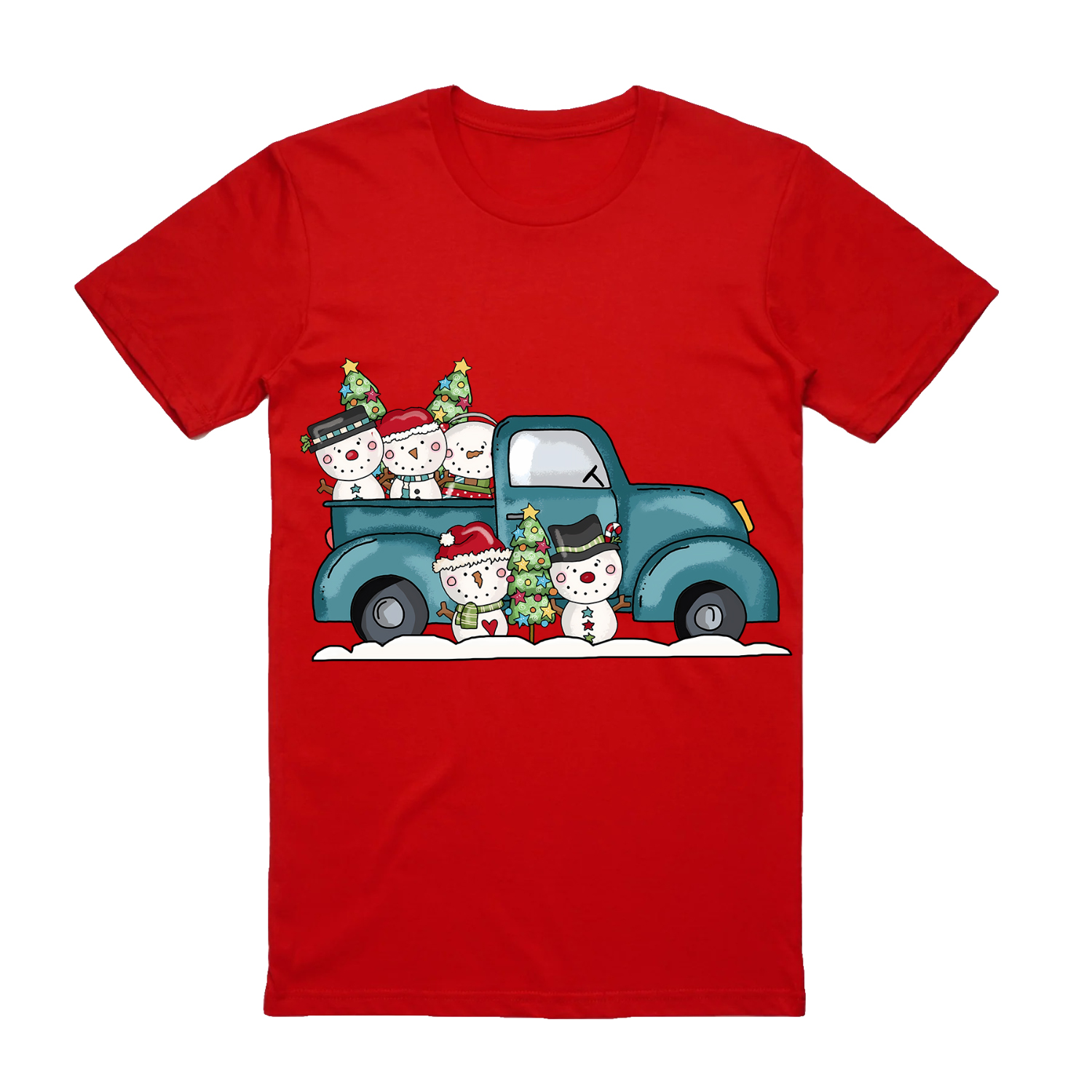 V474-626665-100041-00 100% Cotton Christmas T-shirt Adult Unisex Tee Tops Funny Santa Party Custume, Car with Snowman (Red), M - Image 1