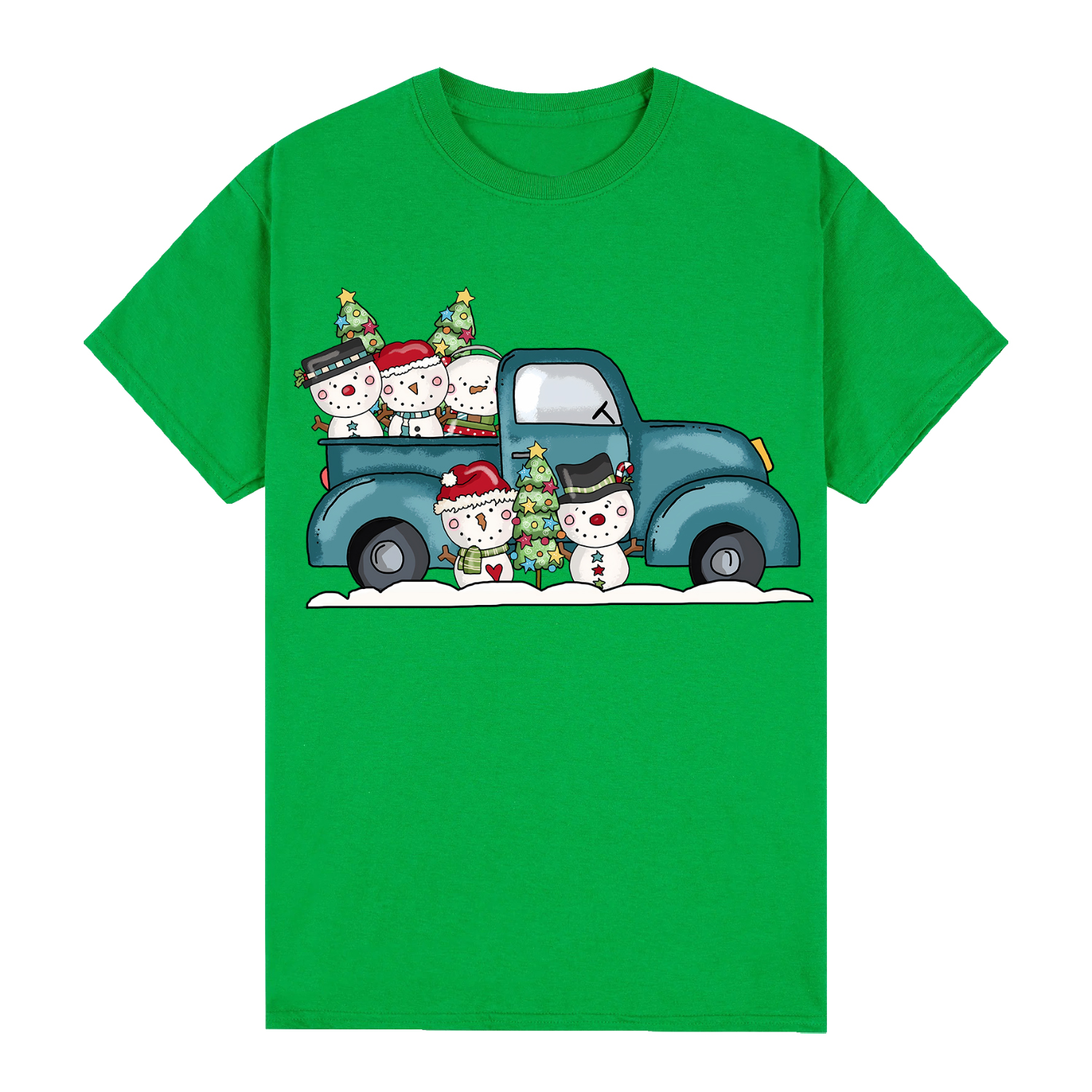 V474-626672-100030-00 100% Cotton Christmas T-shirt Adult Unisex Tee Tops Funny Santa Party Custume, Car with Snowman (Green), L - Image 1