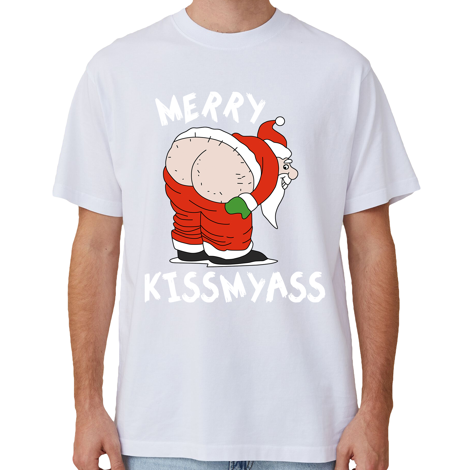 V474-633820-141869-00 100% Cotton Christmas T-shirt Adult Unisex Tee Tops Funny Santa Party Custume, Merry Kissmyass (White), 2XL - Image 1