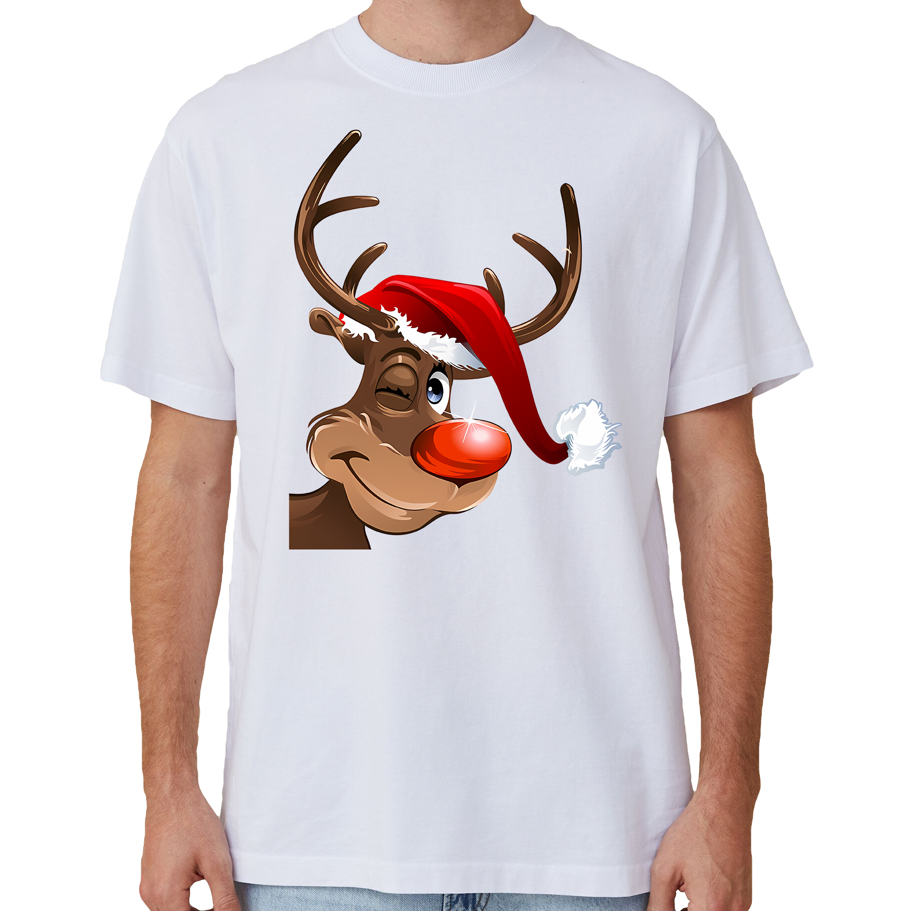 V474-633822-202503241145-00 100% Cotton Christmas T-shirt Adult Unisex Tee Tops Funny Santa Party Custume, Reindeer Wink (White), S - Image 1
