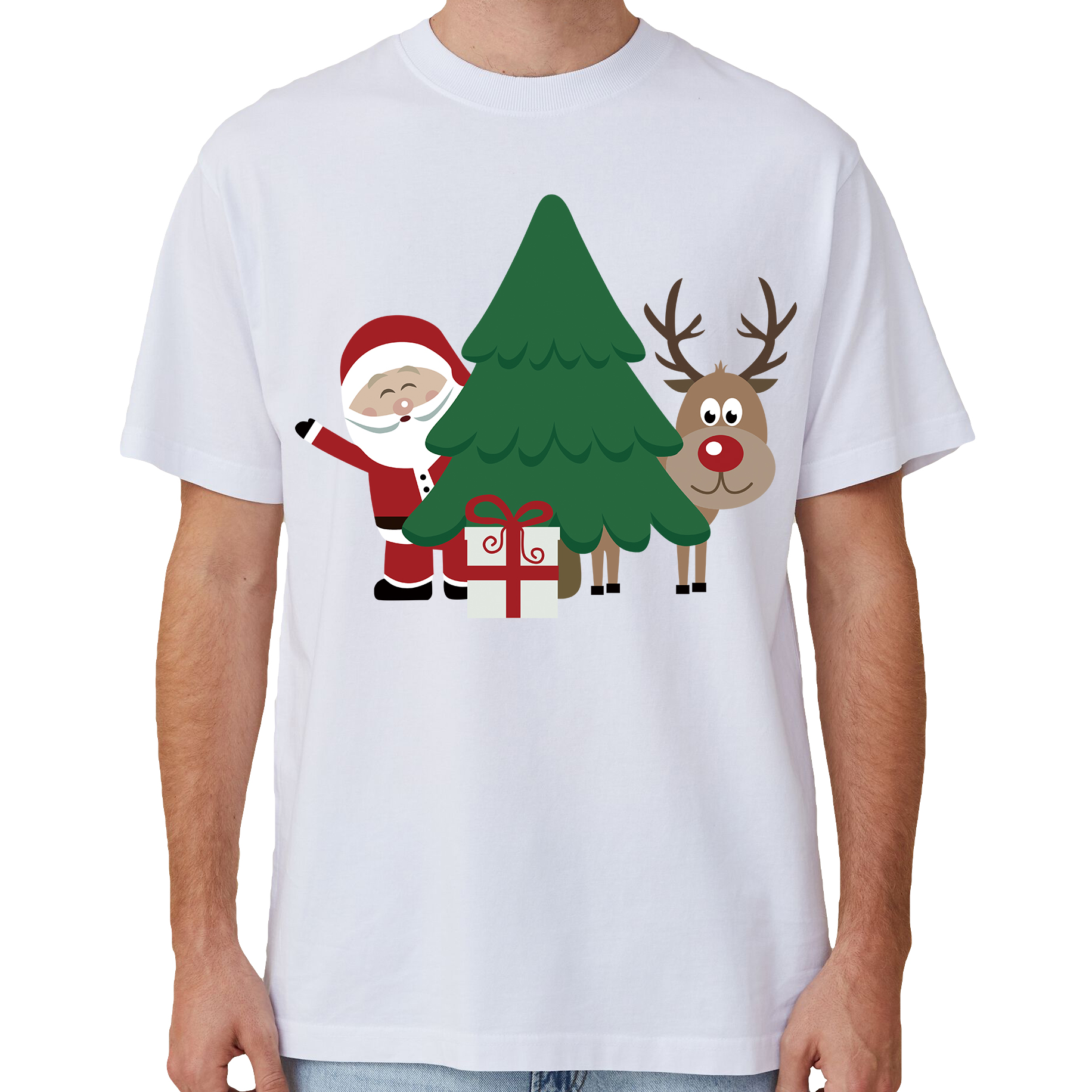 V474-633868-141846-00 100% Cotton Christmas T-shirt Adult Unisex Tee Tops Funny Santa Party Custume, Santa with Tree (White), XL - Image 1