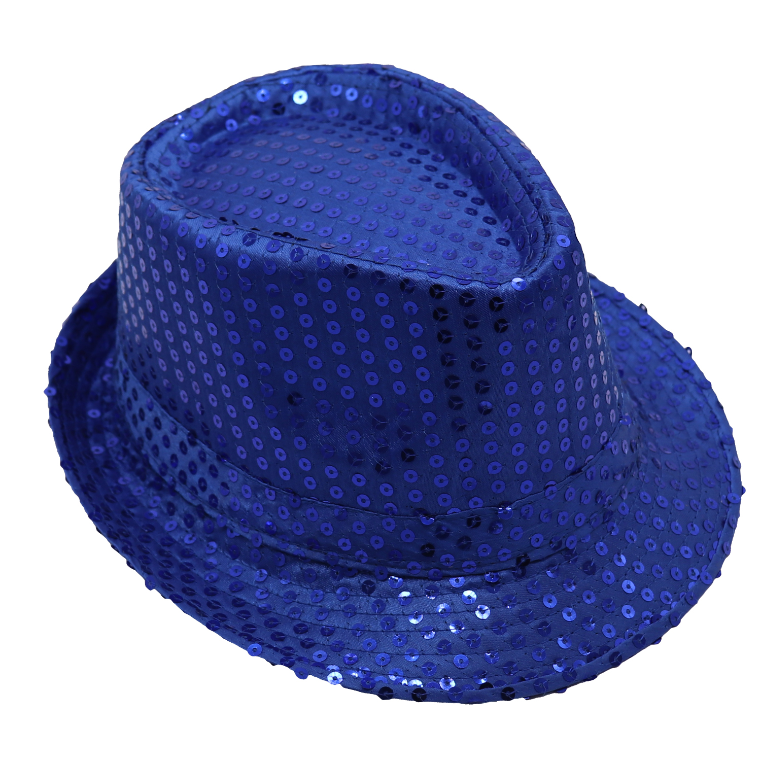 V474-655221-161134-00 Adults Kids Unisex Sequin Fedora Hat Dance Cap Solid Jazz Party Glitter Costume, Royal Blue - Image 1