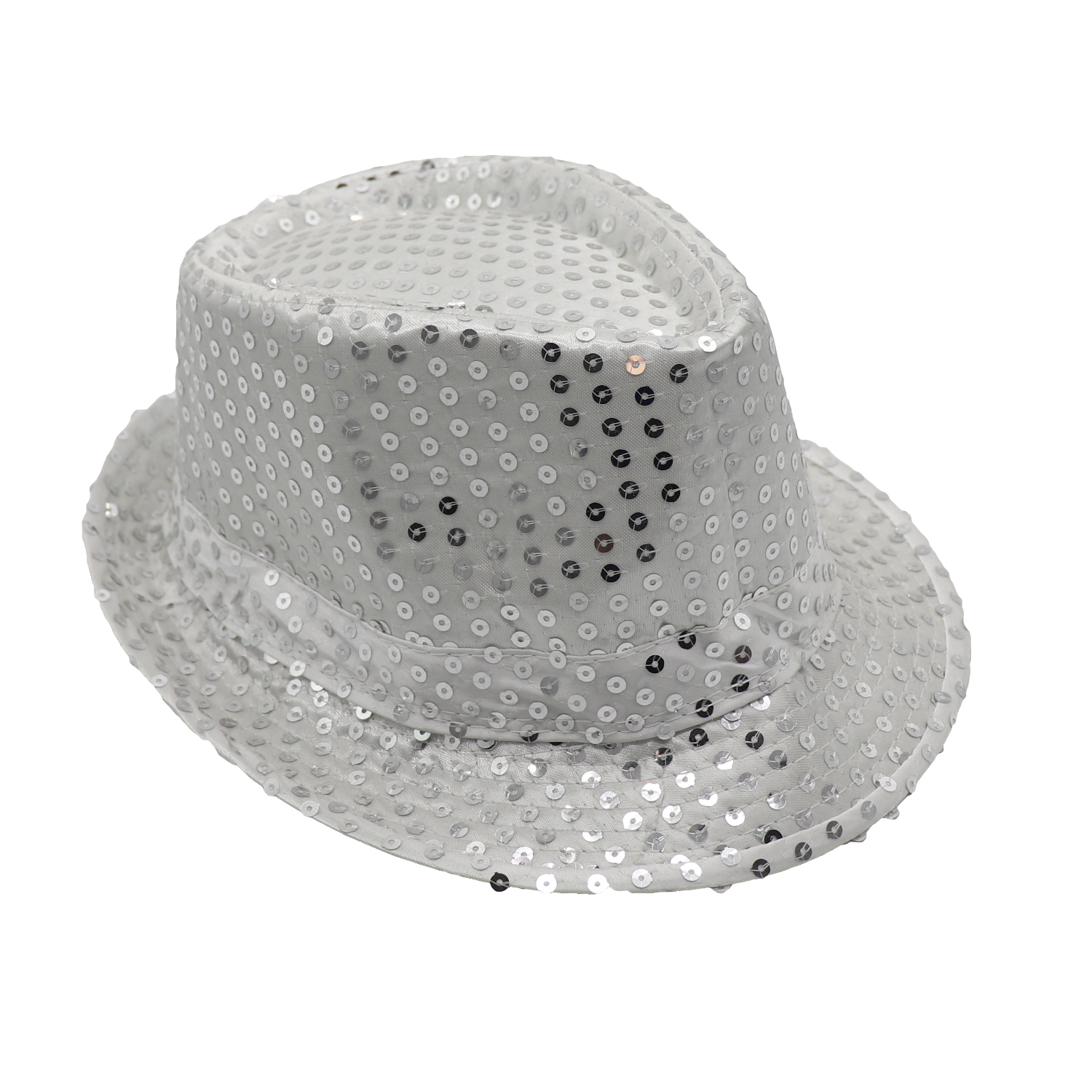 V474-655222-161135-00 Adults Kids Unisex Sequin Fedora Hat Dance Cap Solid Jazz Party Glitter Costume, Silver - Image 1