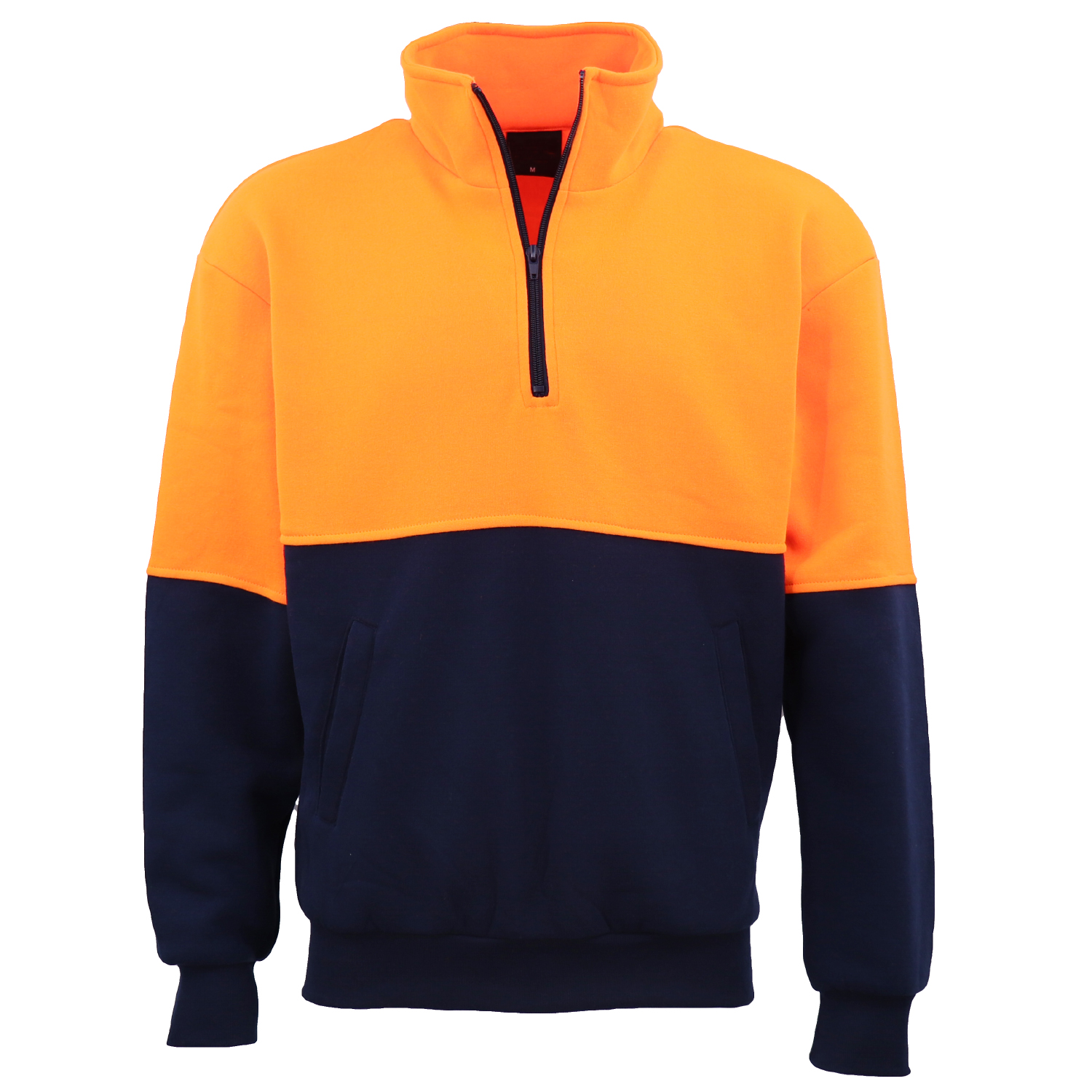V474-663684-174589-00 Hi Vis Safety Fleecy Half Zip Pullover Jumper Jacket Sweater Shirts Workwear, Fluro Orange / Navy, 3XL - Image 1