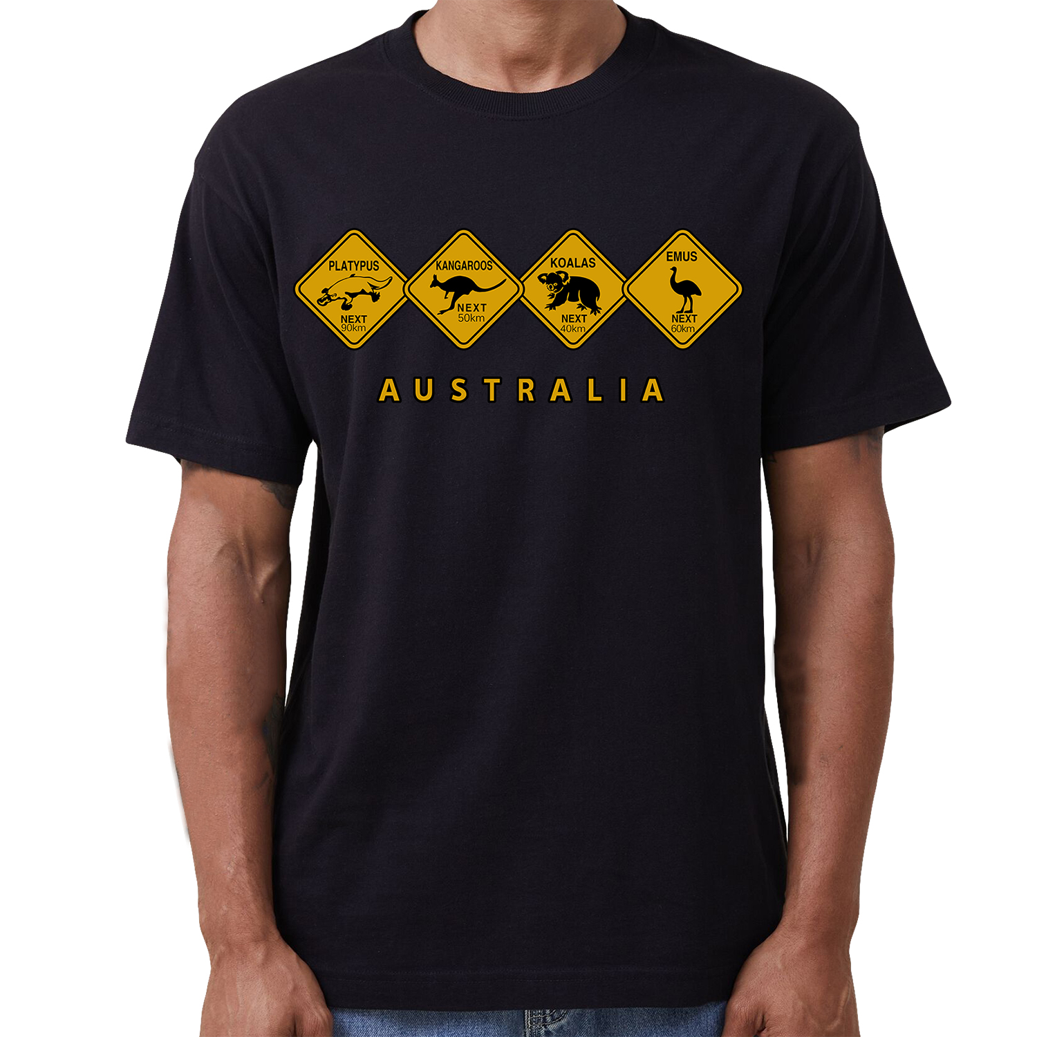V474-687128-202503211831-00 Adult Unisex 100% Cotton T Shirt Australia Wildlife Road Sign Souvenir Tee Tops, Black, 2XL - Image 1