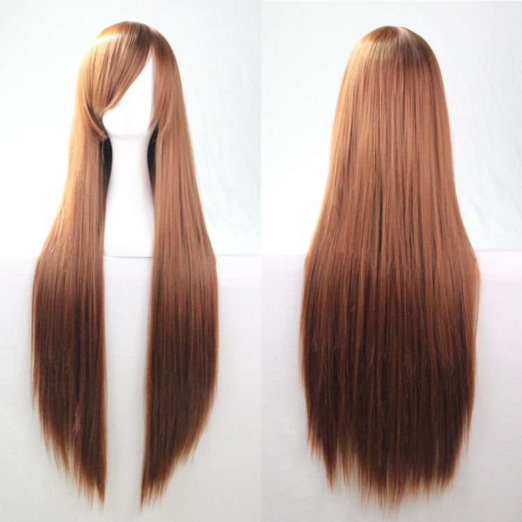 V474-7477-100923-00 New 80cm Straight Sleek Long Full Hair Wigs w Side Bangs Cosplay Costume Womens, Brown - Image 1