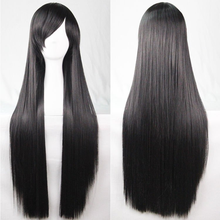 V474-7485-100939-00 New 80cm Straight Sleek Long Full Hair Wigs w Side Bangs Cosplay Costume Womens, Black - Image 1