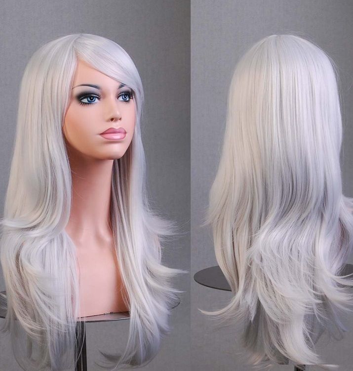 V474-7567-100980-00 70cm Wavy Curly Sleek Full Hair Lady Wigs w Side Bangs Cosplay Costume Womens, Silver - Image 1