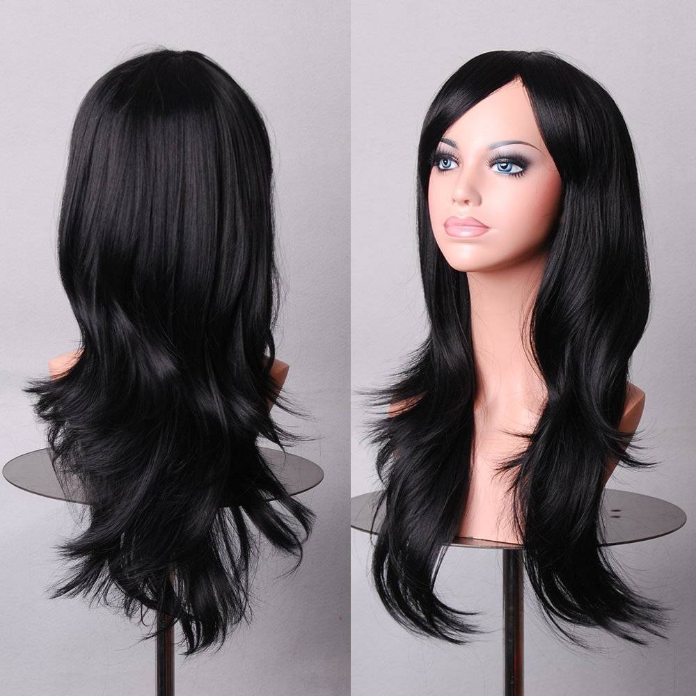 V474-7573-100986-00 70cm Wavy Curly Sleek Full Hair Lady Wigs w Side Bangs Cosplay Costume Womens, Black - Image 1