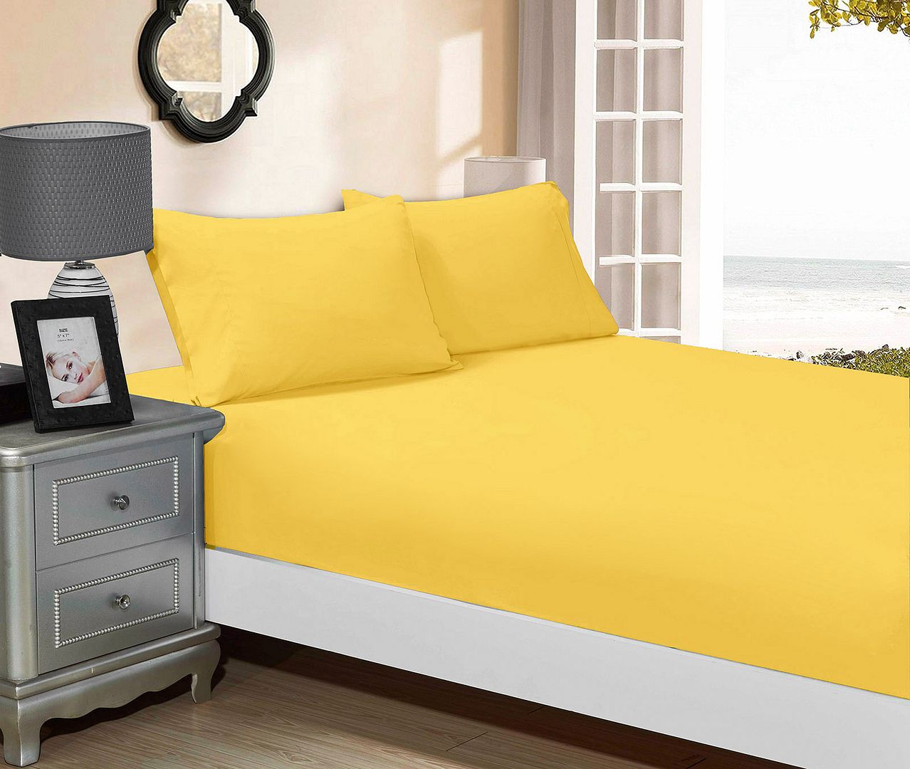 V493-AKSF-21-88373-00 1000TC Ultra Soft Fitted Sheet & Pillowcase Set - King Single Size Bed - Yellow - Image 1