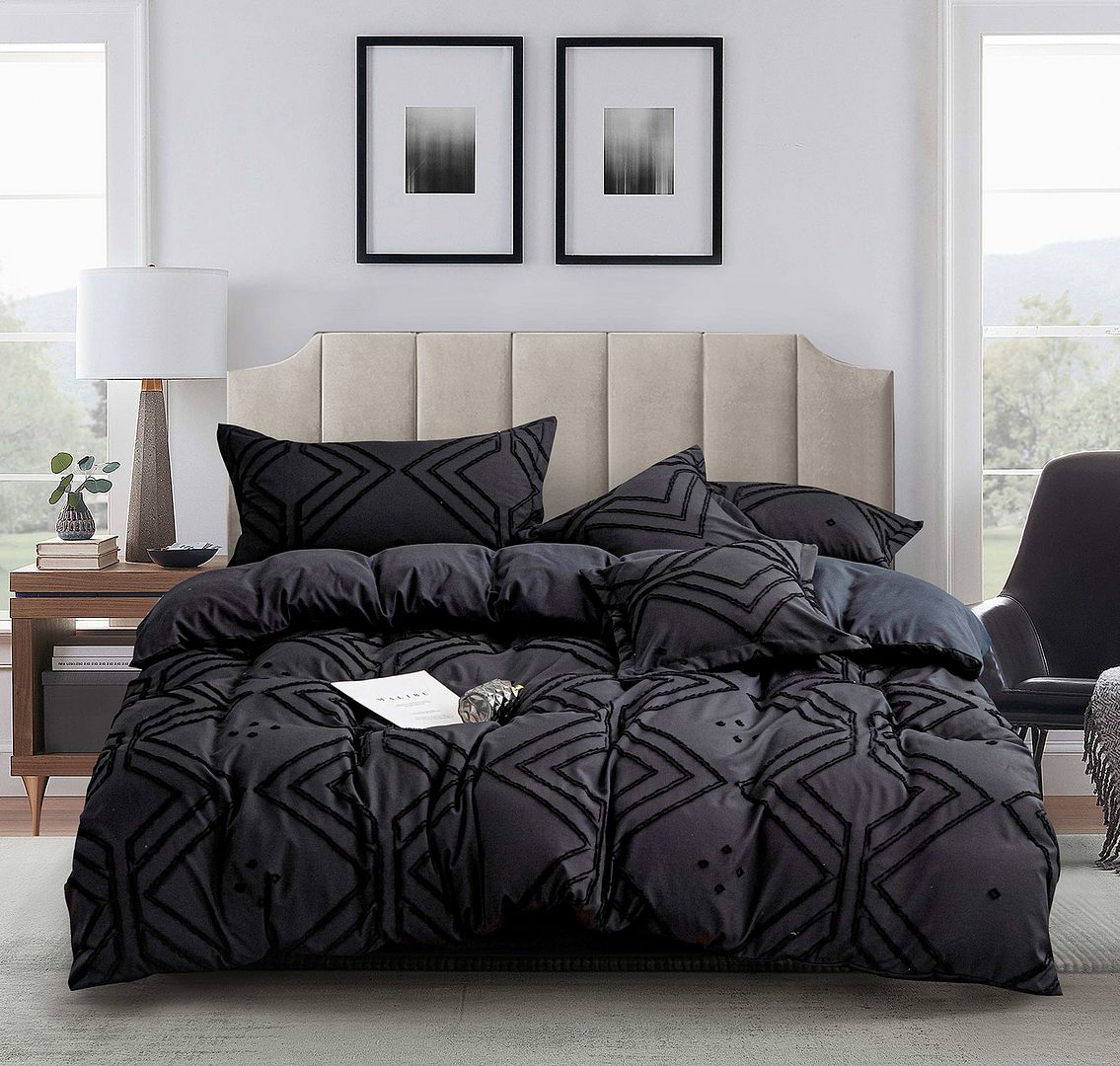 V493-JW-05-Q-88108-00 Tufted Textured Jacquard Queen Size Black Duvet Quilt Cover Set - Image 1