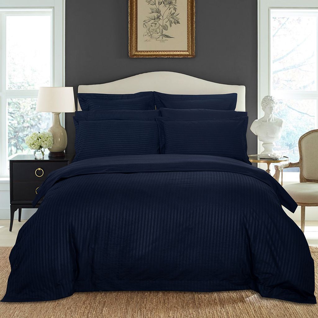 V493-NQ-12-88262-00 1000TC Ultra Soft Striped Queen Size Midnight Blue Duvet Quilt Cover Set - Image 1