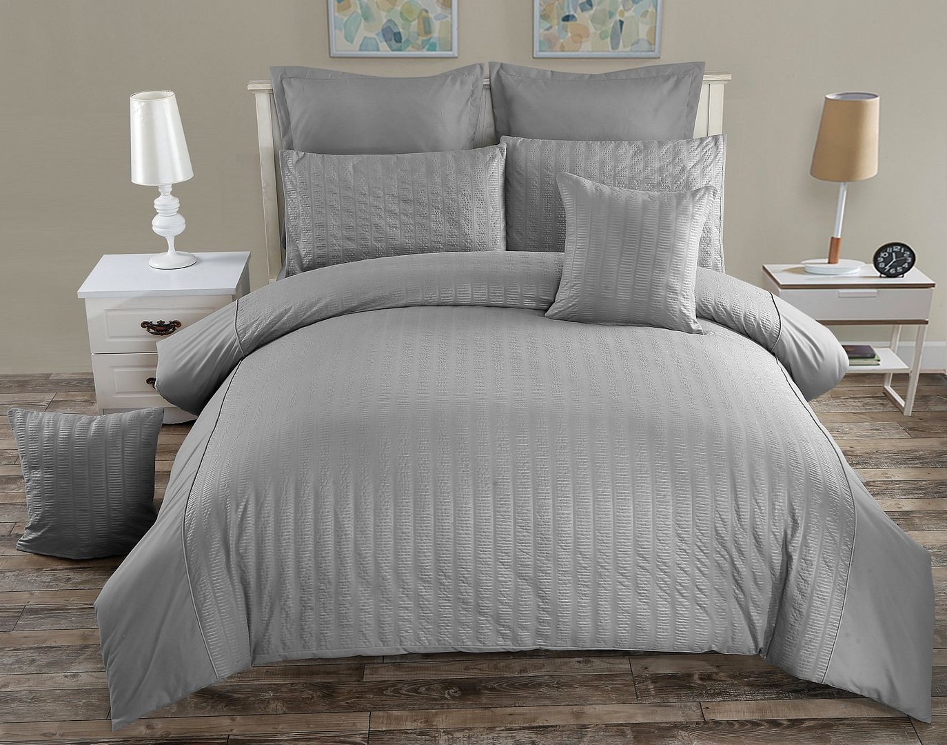 V493-PAD-06-88044-00 Seersucker Double Size Grey Duvet Quilt Cover Set - Image 1