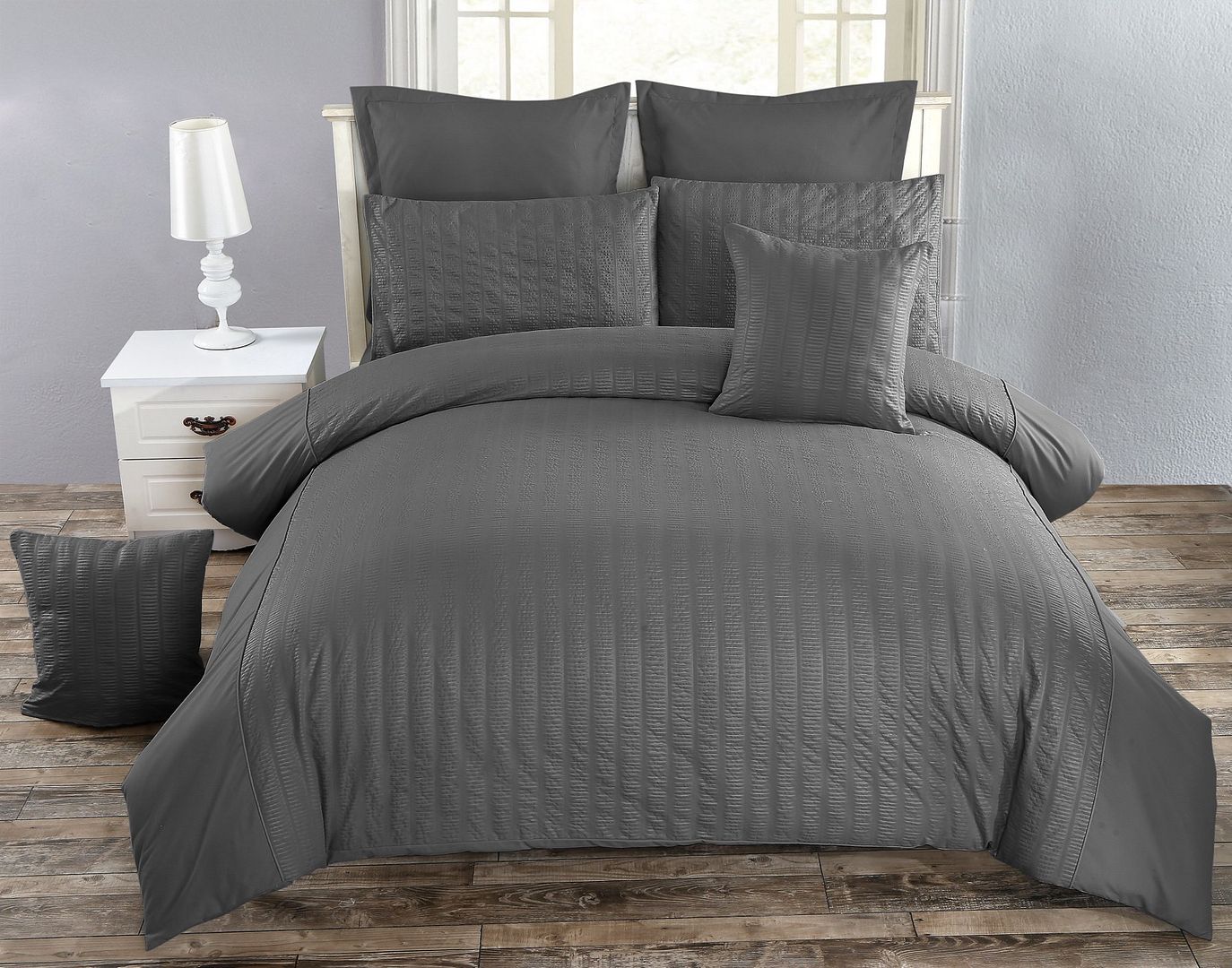 V493-PAK-11-88038-00 Seersucker King Size Charcoal Duvet Quilt Cover Set - Image 1
