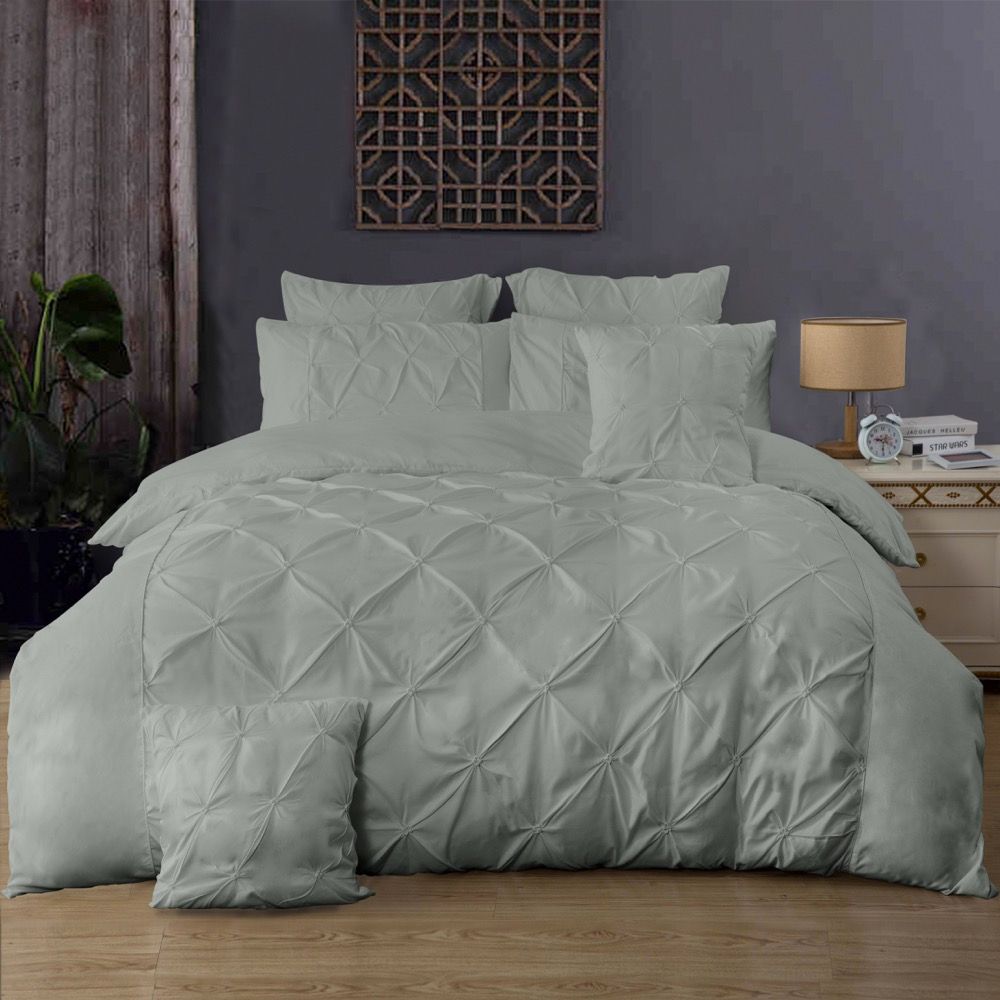 V493-ZK-06-88223-00 Diamond Pintuck King Size Grey Duvet Quilt Cover Set - Image 1