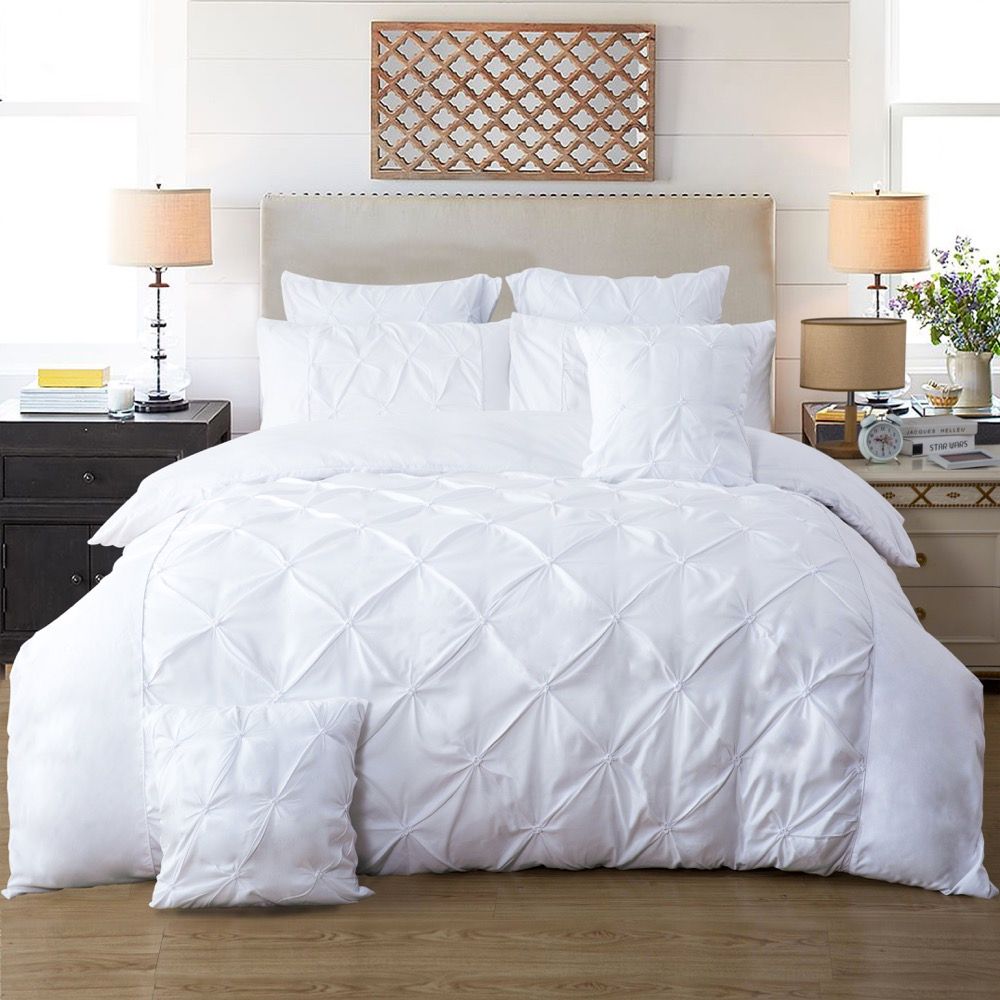 V493-ZQ-01-88035-00 Diamond Pintuck Queen Size White Duvet Quilt Cover Set - Image 1