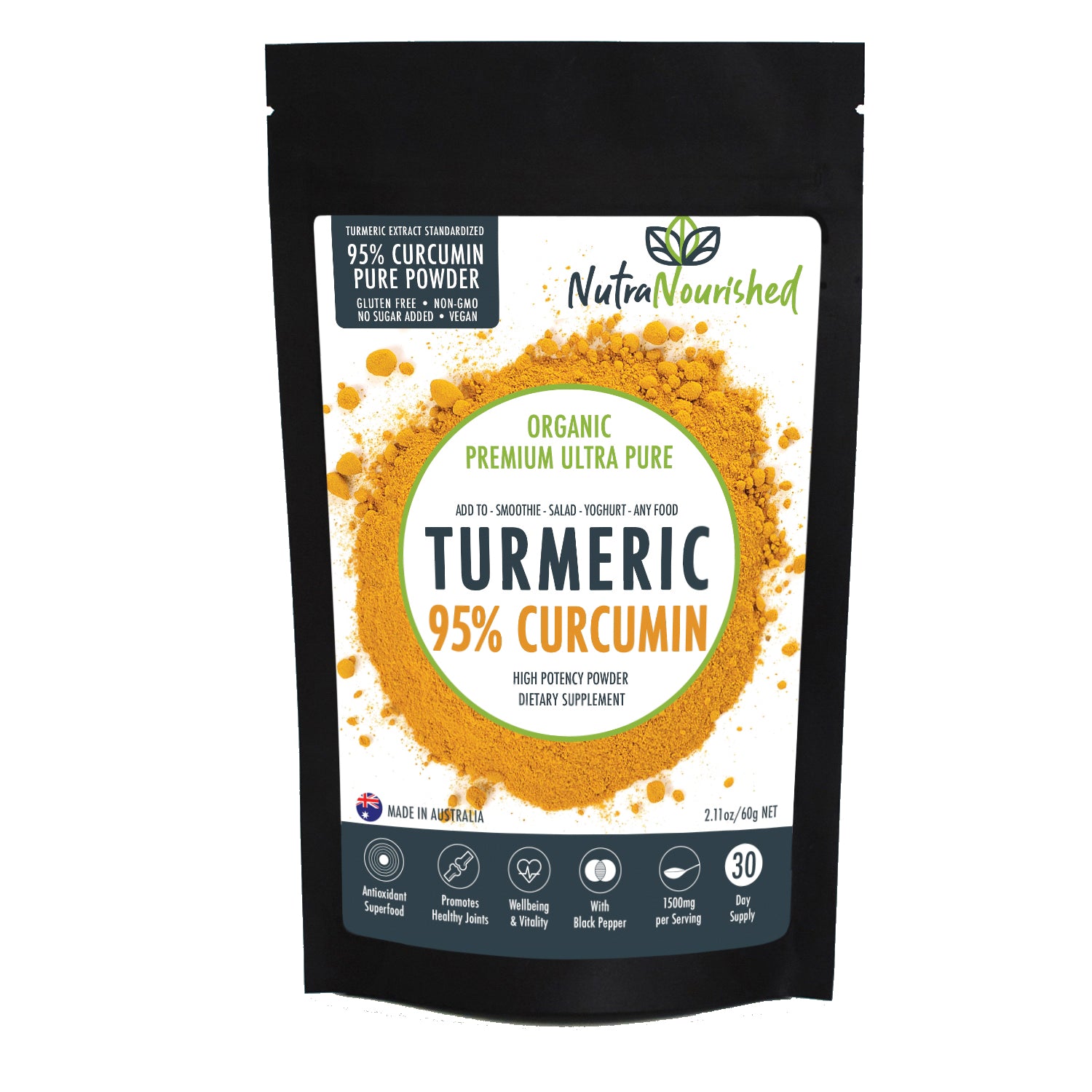V497-CURCUMIN-PURE-60-FBM-202506101608-00 Pure Organic 95% Curcumin Powder (60g/1 month supply) - 1500mg of Turmeric Extract Buffered with Black Pepper - Image 1