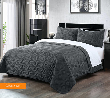 V517-3DCS-KCHA-94391-00 3 piece embossed comforter set king charcoal - Image 1