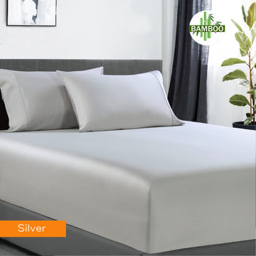 V517-BCFS-MQSILBCSPC-94435-00 400 thread count bamboo cotton 1 fitted sheet with 2 pillowcases mega queen silver - Image 1